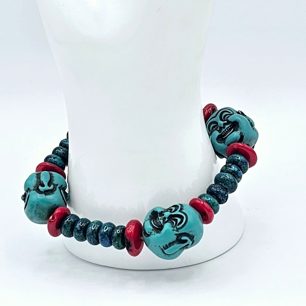 Buddha Bracelet Faux Turquoise Lucky Happy Tibetan Stretch Charm Red  Blue